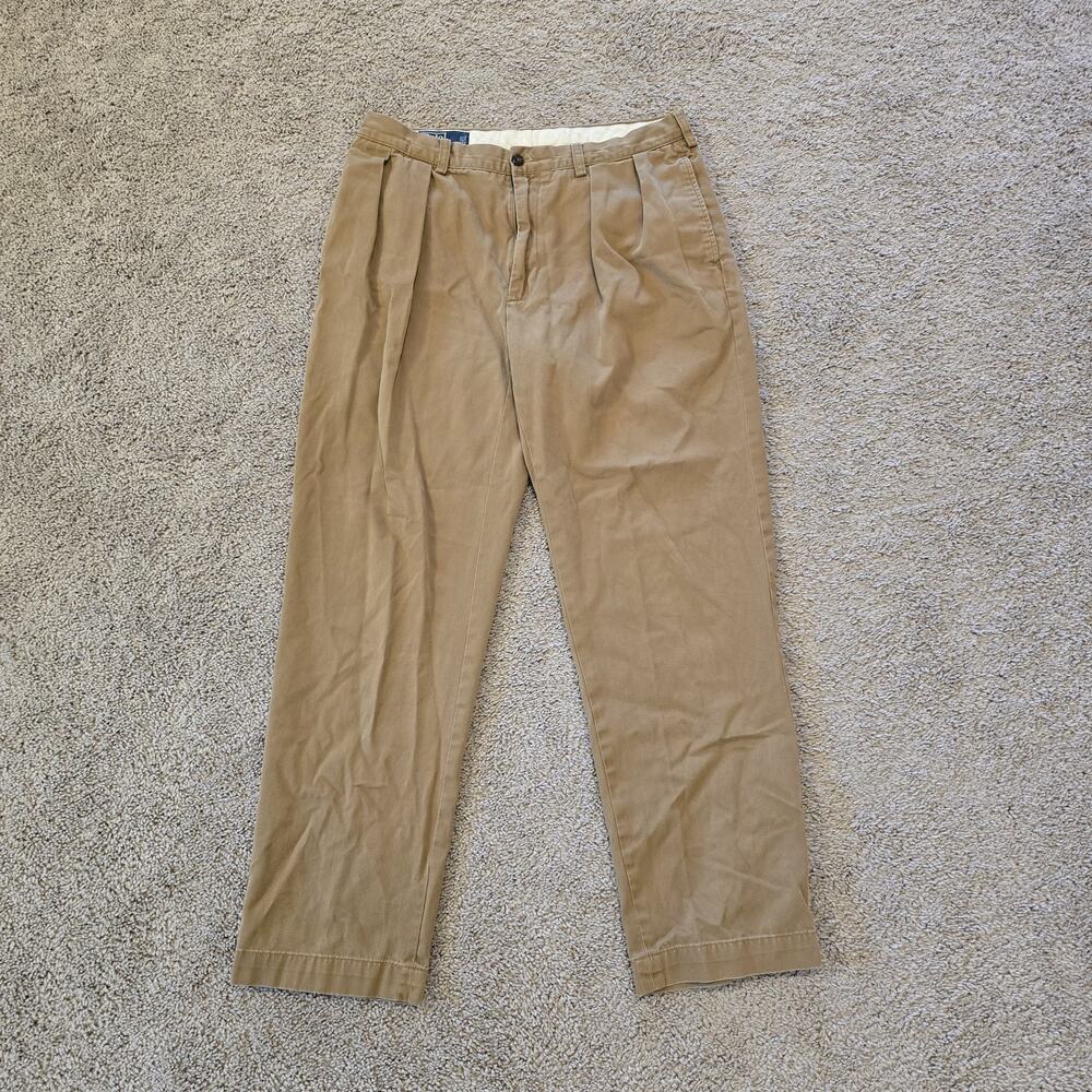 Polo Ralph Lauren Men Chino 34x32 Ethan Pant Khaki Beige Pleated Cotton Pants